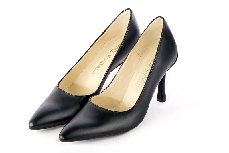 Satin black women's dress pumps,with a square neckline. Tapered toe. High slim heel. Front view - Florence KOOIJMAN